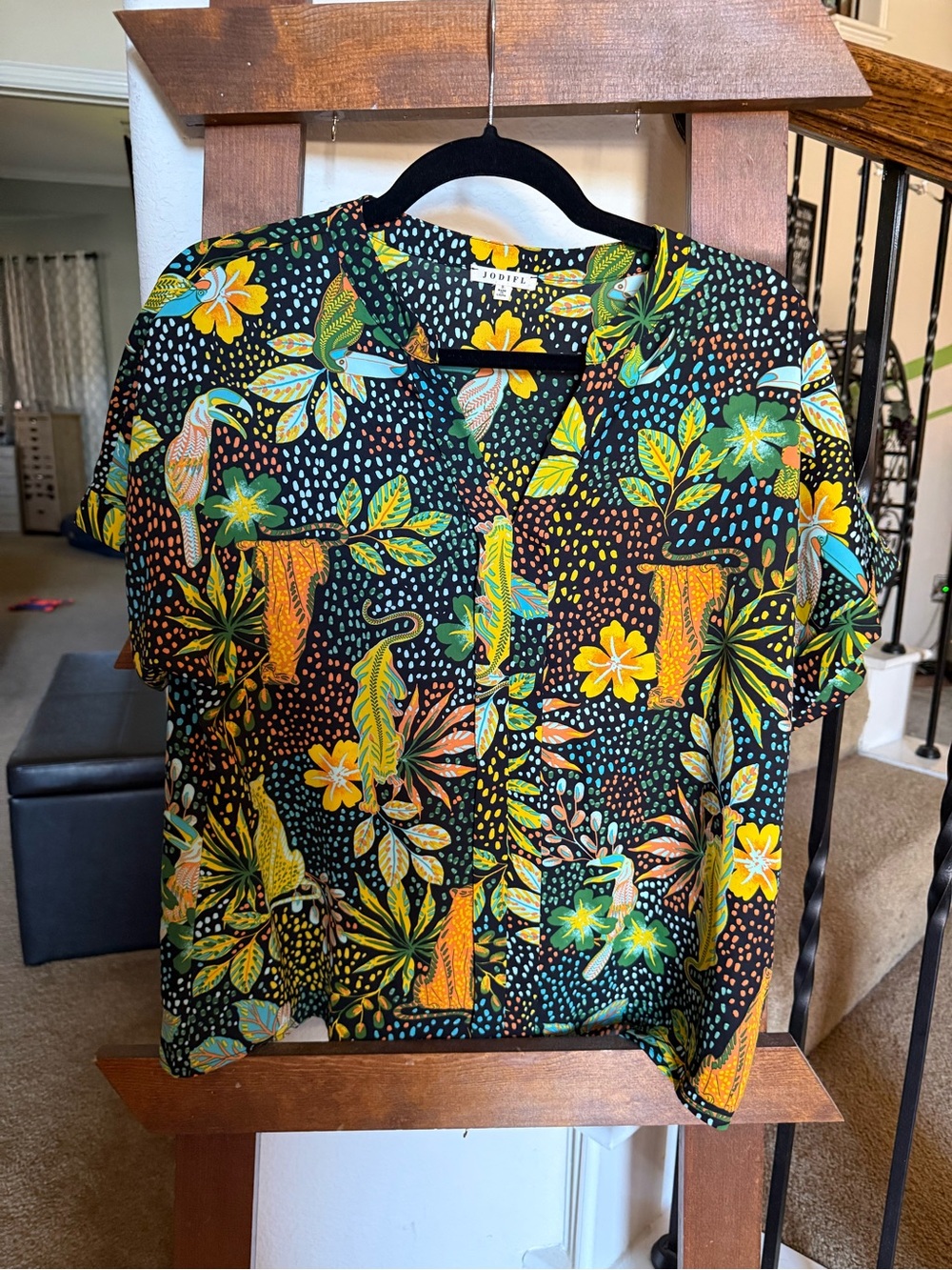 JODIFL Black Tropical Floral Short Sleeve Blouse with Yellow & Green Accents